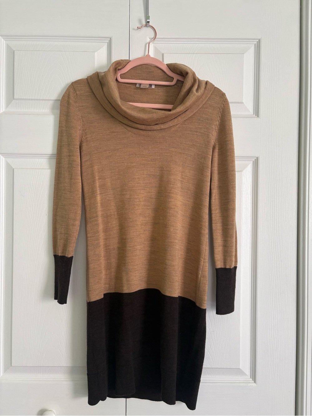 LOFT Two-Tone Cowl Neck Sweater Dress in Tan and Black